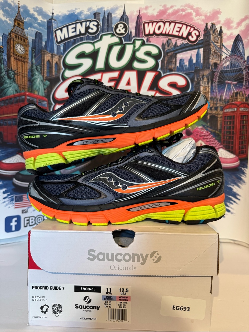 Saucony Guide 7 Men's Running Shoes - Navy, Orange, Neon Yellow